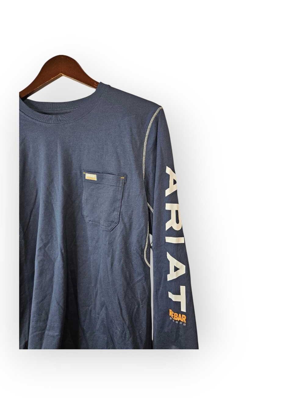 Ariat Rebar Long Sleeve Pocket Work Shirt Men's Large Navy Blue Logo Tee - Picture 3 of 5
